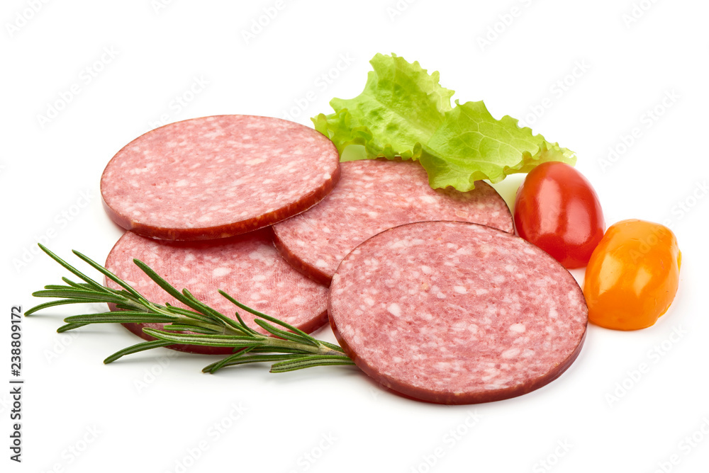Thinly Sliced Salami with herbs and tomatoes, isolated on a white background. Close-up Thinly Sliced Salami with herbs and tomatoes, isolated on a white background. Close-up