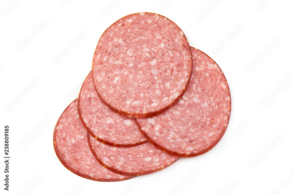 Smoked Salami Slices, isolated on a white background. Top view Smoked Salami Slices, isolated on a white background. Top view