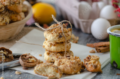Homemade cookies with walnuts and cup of tea