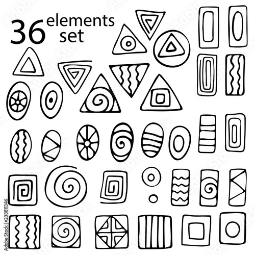 Set of isolated ethnic elements. Ovals, circles, squares, triangles, spirals. DIY designer