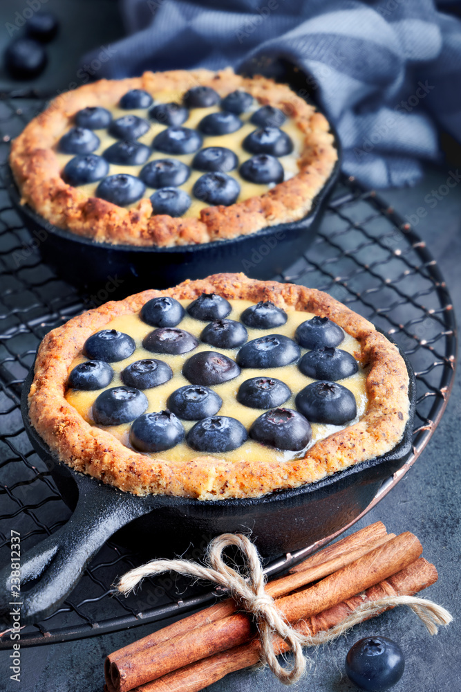Delicious Blueberry tartlets with vanilla custard cream on grey rustic wood