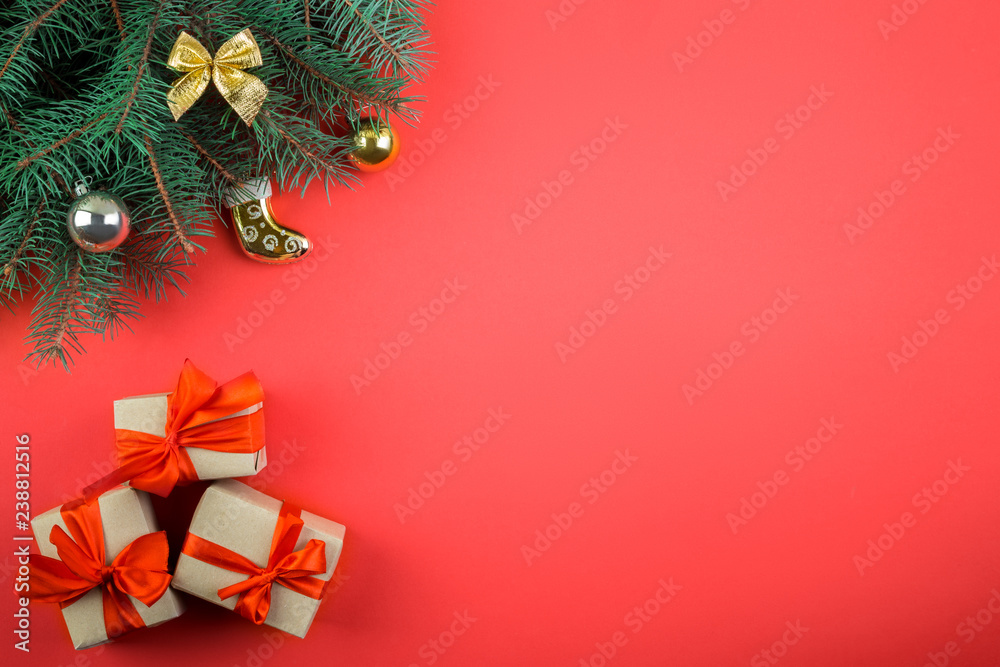 Christmas background with fir tree and decor. Top view with copy space Christmas background with fir tree and decor. Top view with copy space