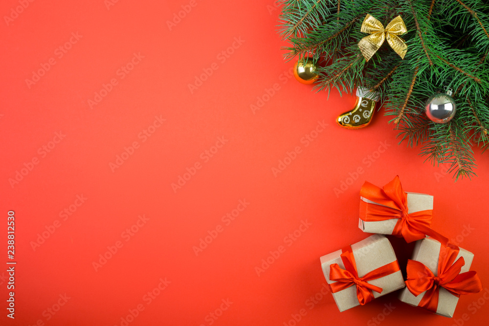 Christmas background with fir tree and decor. Top view with copy space Christmas background with fir tree and decor. Top view with copy space