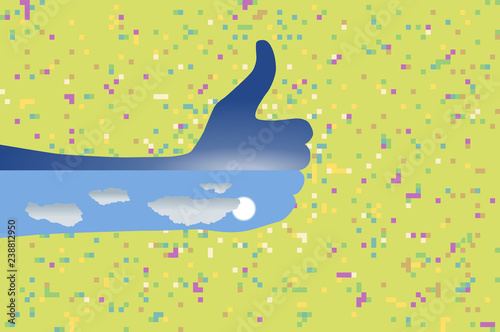 Lie, illustrated by an upside down thumb-down (making it look like a thumb-up) on digital noise background. The view inside the hand indicates it is upside down.