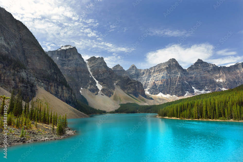 Amazing view of the Wenkchemna Peaks with reflection on Moraine Lake, Banff, Rocly Mountain, Canada