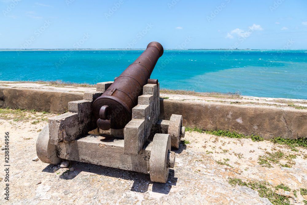 Cannon of Fort São Sebastião (San Sebastian, Sao Sebastiao), Mozambique island (Ilha de Mocambique), Indian ocean coast, Moçambique. Mozambique Channel, Mossuril Bay, Nampula. Portuguese East Africa