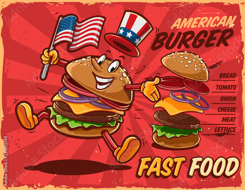 burger retro banner with mascot