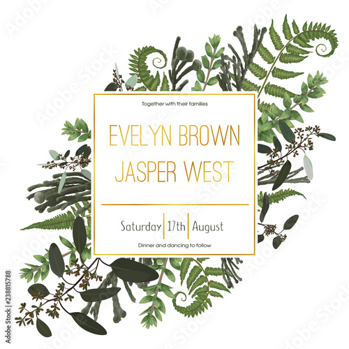 Wedding floral invitation, invite card. Vector watercolor green forest leaf, fern, brunia, branches boxwood, buxus, eucalyptus. Natural, botanical decorative frame gold, square