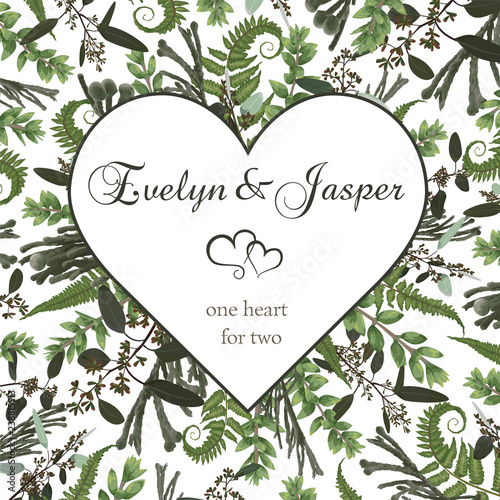 Valentine greeting card, invite card. Vector watercolor style herbs, eucalyptus,  forest fern, brunia, waxflower. Natural, branches boxwood, buxus. Decorative heart square frame