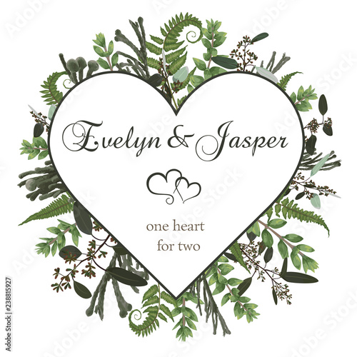 Valentine greeting card, invite card. Vector watercolor style herbs, eucalyptus,  forest fern, brunia, waxflower. Natural, branches boxwood, buxus. Decorative heart square frame