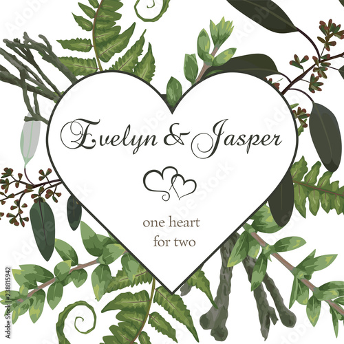 Valentine greeting card, invite card. Vector watercolor style herbs, eucalyptus,  forest fern, brunia, waxflower. Natural, branches boxwood, buxus. Decorative heart square frame