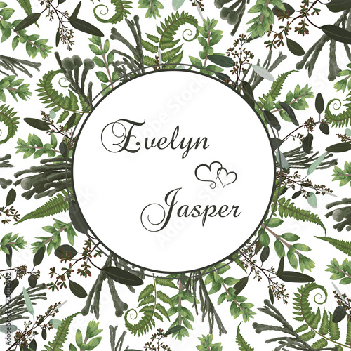 Wedding floral invitation, invite card. Vector watercolor set green forest fern, brunia, herbs, eucalyptus, branches boxwood, buxus. Natura, botanical green decorative round frame, border, circle