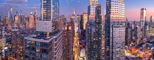 Aerial view of New York City skyscrapers at dusk as seen from above the 42nd street canyon photo