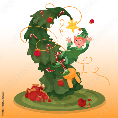 Cristmas story. A little clumsy elf decorates a christmas tree. But something went wrong, it seems he is falling! What an ankward moment!