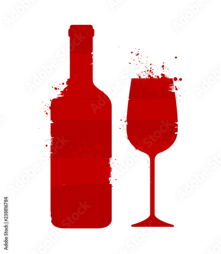 Wine bottle and glass. Alcoholic drink. Abstract vector illustration