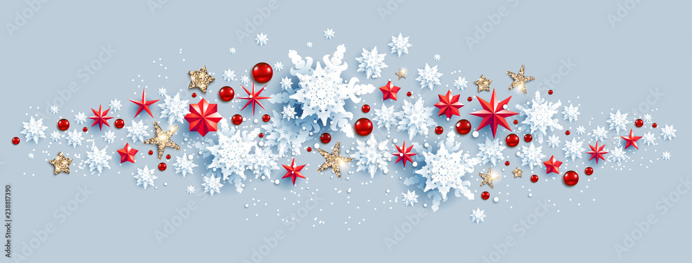Web Banner Social Media template. Winter decoration with snowflakes, stars and baubles festive luxury background Web Banner Social Media template. Winter decoration with snowflakes, stars and baubles festive luxury background