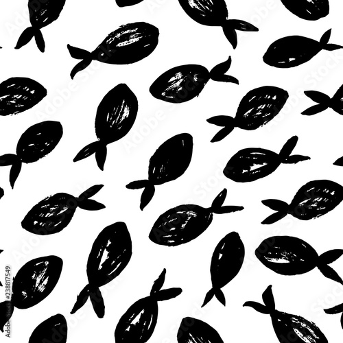Seamless pattern with abstract fishes. Hand drawn vector ornament for wrapping paper. Grunge illustration.