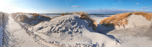 Hiddensee island  Northern Germany  sandy entrance to the beach via seaside dunes  panoramic image