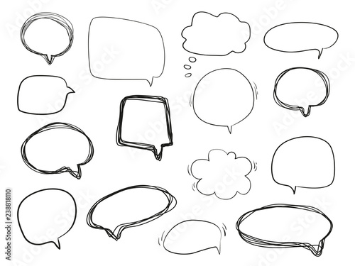 Hand drawn think and talk speech bubbles. Abstract symbols on white. Pattern of loot for words. Line art. Collection of different signs. Black and white illustration