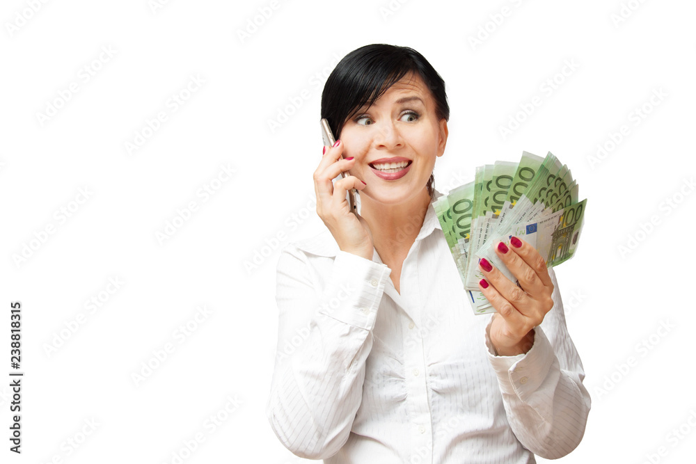 woman brunette with short hair stunned with happiness holds fan of green bills and calls on phone to share her happiness with her friend, concept of winning sum of money woman brunette with short hair stunned with happiness holds fan of green bills and calls on phone to share her happiness with her friend, concept of winning sum of money