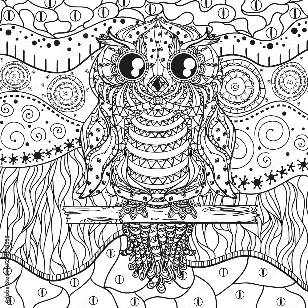 Fototapeta premium Abstract eastern pattern with owl on isolated white. Zentangle. Hand drawn abstract patterns on isolation background. Design for spiritual relaxation for adults. Black and white illustration