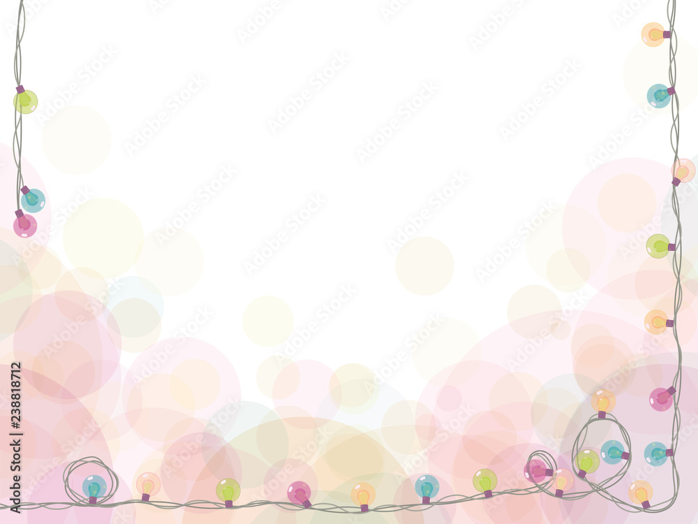 White horizontal holiday card with a garland of colored lights framed around the edge of a vector drawing. White horizontal holiday card with a garland of colored lights framed around the edge of a vector drawing.