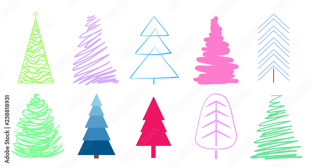 Fototapeta premium Colorful christmas trees on white. Set for design on isolated background. Geometric art. Objects for polygraphy, posters, t-shirts and textiles. Colored illustration