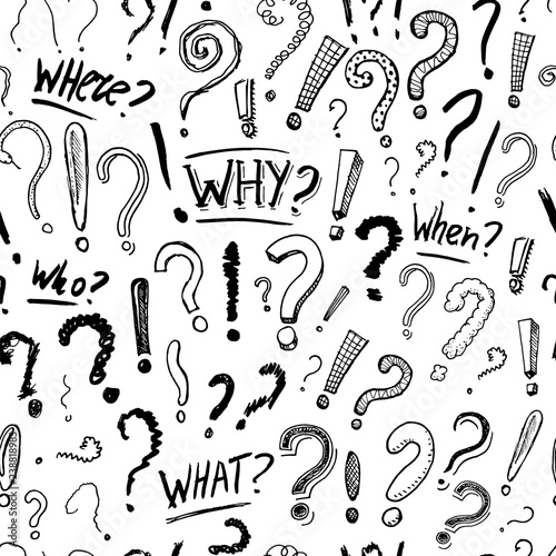 Question exclamation mark Seamless pattern.. Doodle style. Collection of icons and signs Why. Engraved hand drawn sketch. Abstract vector.