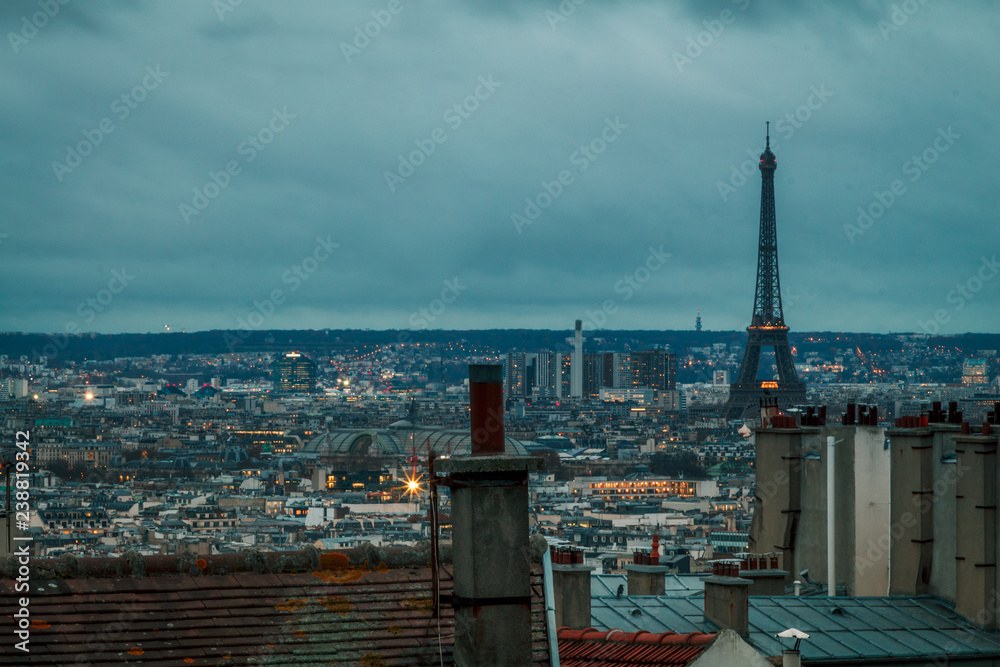 morning gloomy view of paris with eiffel tower