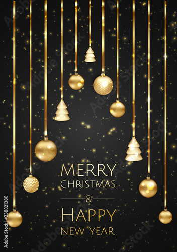 Merry Christmas and Happy New Year. Xmas background with gift box  Snowflakes and balls design.