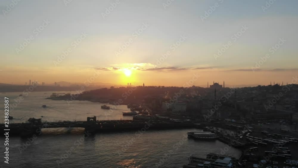 Gatata Bridge Drone camera is moving forwards, a bird's eye view of the sky of istanbul Turkey, city, bosphorus Gatata Bridge Drone camera is moving forwards, a bird's eye view of the sky of istanbul Turkey, city, bosphorus