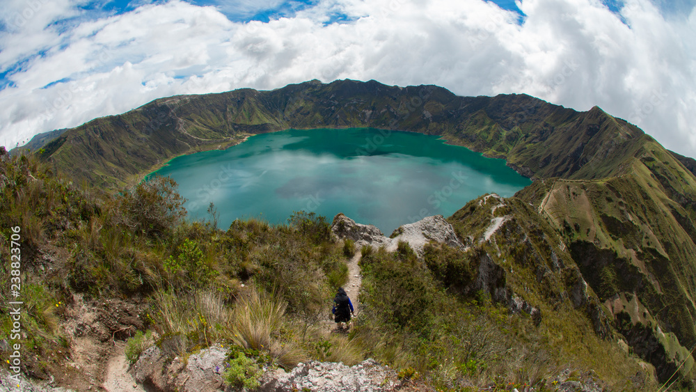 Panoramic view of the emerald green lagoon inside the crater of the ...