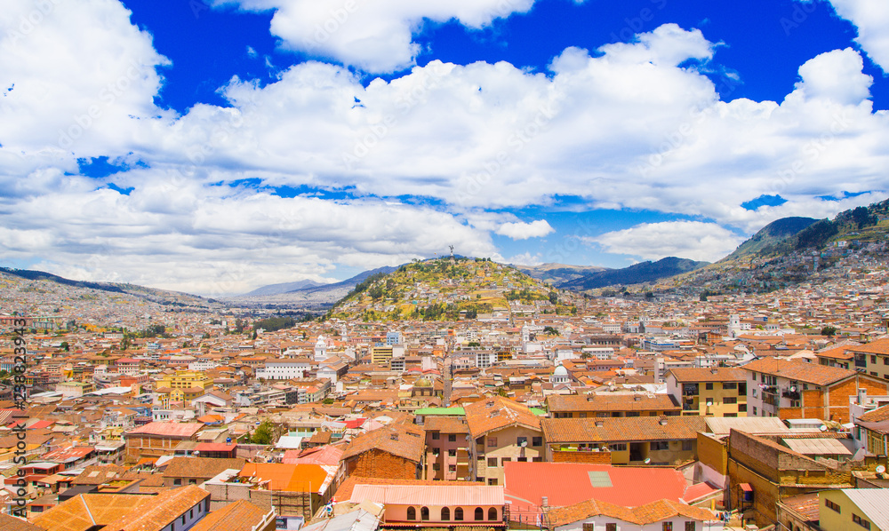Beautiful outdoor view of colonial town of Quito with some colonial houses located in the city of Quito
