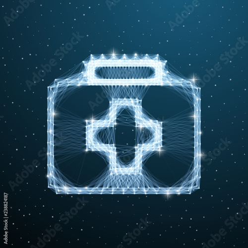 Medical low poly bag. Medicine linear case with cross on blue background. Vector illustration wireframe doctor equipment