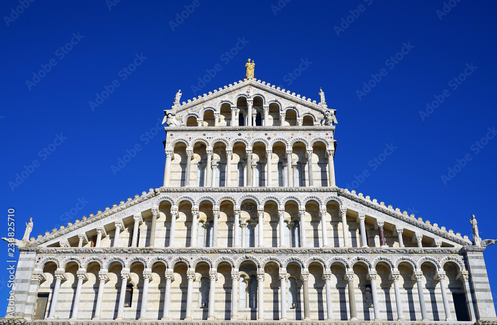 View of the Pisa Cathedral (Santa Maria Assunta) on the Square of Miracles (Piazza dei Miracoli) complex near the Leaning Tower of Pisa in Tuscany, Central Italy
