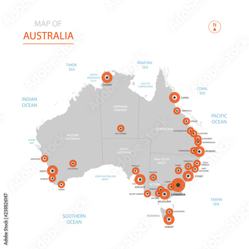 Stylized vector Australia map showing big cities, capital Canberra, administrative divisions.