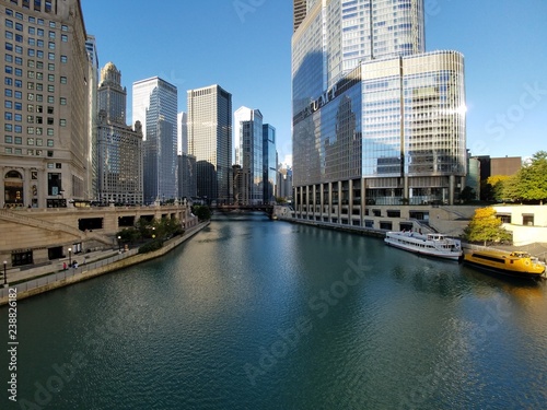 Chicago, Illinois 10-08-2016 View of the Chicago River, its bridges and surrounding buildings on a clear fall morning.