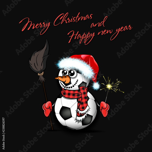 Snowman from soccer balls with broom and sparklers