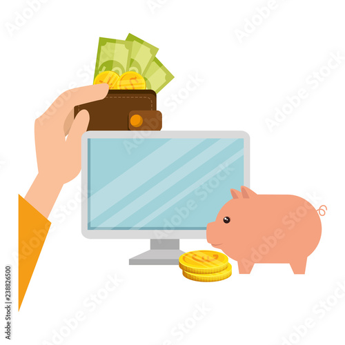 desktop and piggy with set of commercial coins