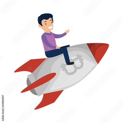 businessman flying in rocket with bitcoin symbol
