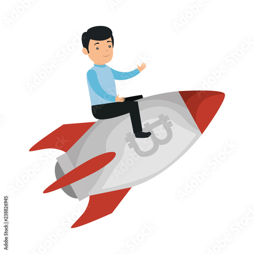 businessman flying in rocket with bitcoin symbol