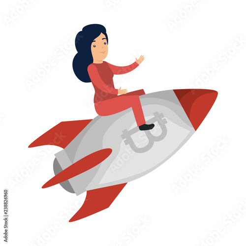 businesswoman flying in rocket with bitcoin symbol