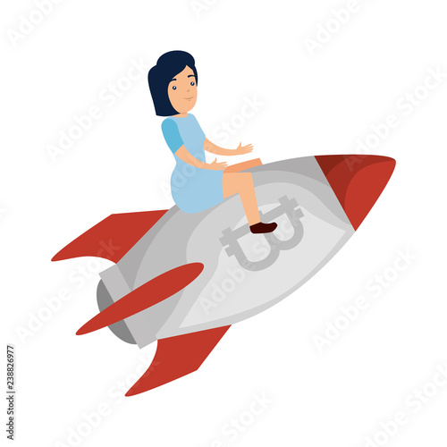 businesswoman flying in rocket with bitcoin symbol