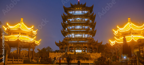Fényképezés Horizontal nighttime photo of Yellow Crane Tower in Wuhan, China, during the blue hour