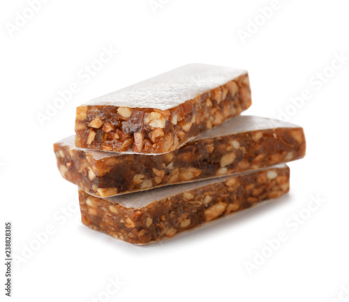 Tasty protein bars on white background. Healthy snack