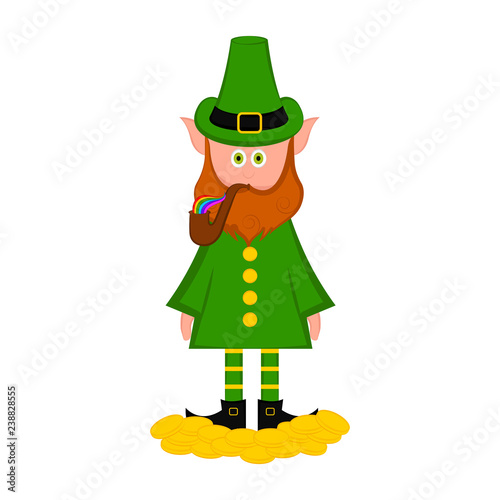 Irish elf with gold coins and tobacco pipe. V ector illustration design