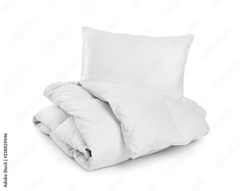 Obraz premium Clean blanket and pillow on white background