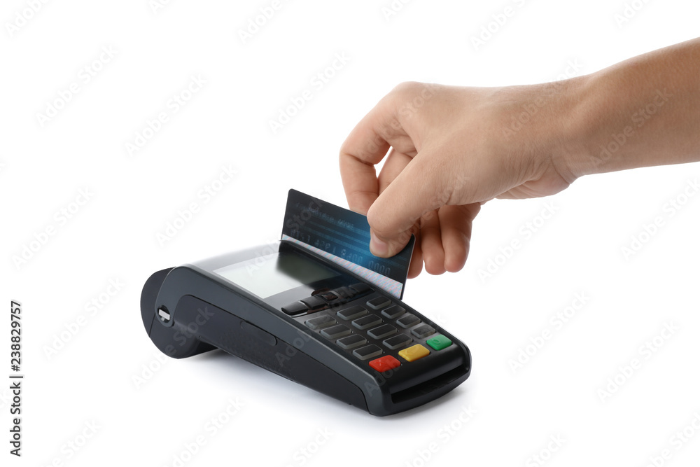Woman using terminal for credit card payment on white background Woman using terminal for credit card payment on white background