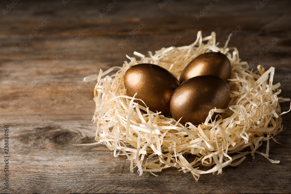 Nest with golden eggs on wooden background. Pension concept Nest with golden eggs on wooden background. Pension concept
