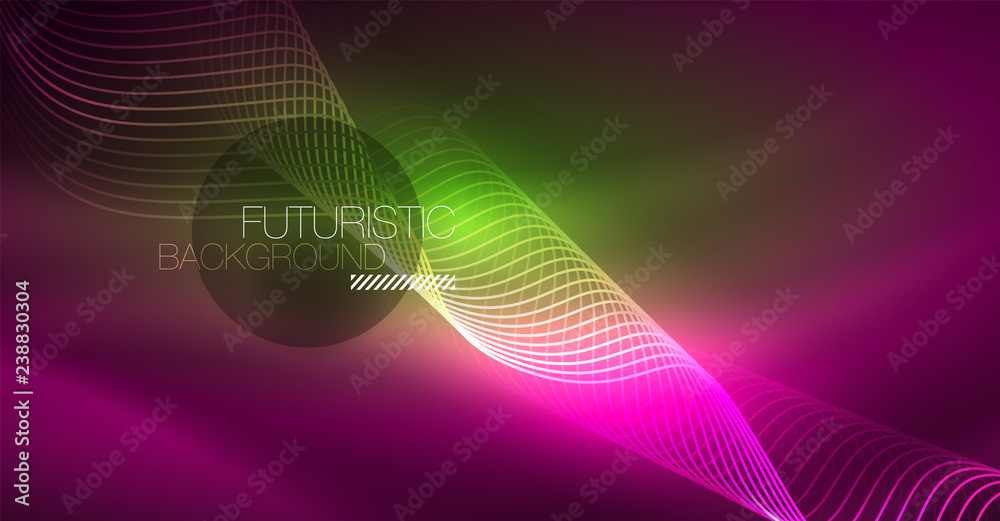 Abstract shiny glowinng color wave design element on dark background - science or technology concept Abstract shiny glowinng color wave design element on dark background - science or technology concept